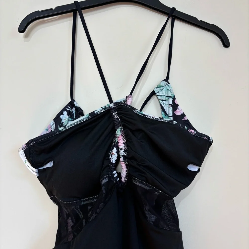 beachsissi Mesh waist adjustable strap pink blue floral black One Piece Swimwear